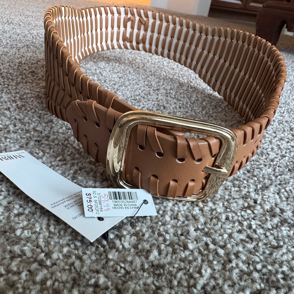 White House Black Market Tan Woven Belt with Gold Buckle SMALL